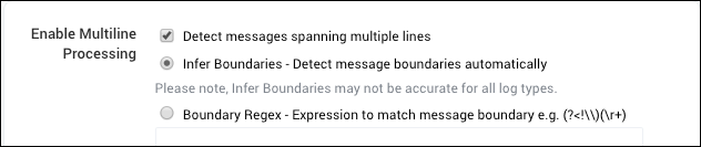 A screenshot of the Sumo Logic &#39;Enable Multiline Processing&#39; settings. The options include &#39;Detect messages spanning multiple lines&#39; (checked), &#39;Infer Boundaries - Detect message boundaries automatically&#39; (selected), and &#39;Boundary Regex - Expression to match message boundary&#39; with an example expression provided. There is a note indicating that &#39;Infer Boundaries may not be accurate for all log types&#39;.