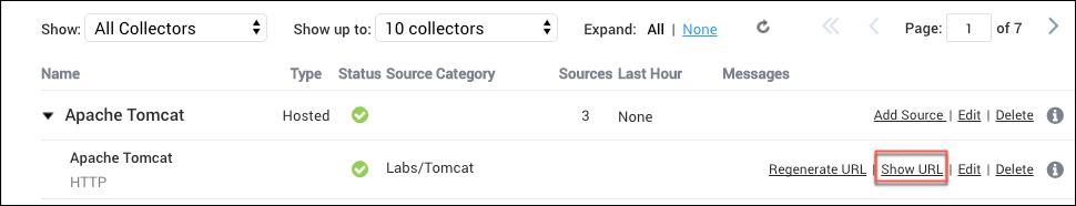 A screenshot of the Sumo Logic interface showing &#39;Apache Tomcat&#39; collector details. It is hosted with a green status, source category &#39;Labs/Tomcat&#39;, 3 sources in the last hour, and no messages. Actions include &#39;Add Source&#39;, &#39;Edit&#39;, &#39;Delete&#39;, &#39;Regenerate URL&#39;, and &#39;Show URL&#39; (highlighted in red).