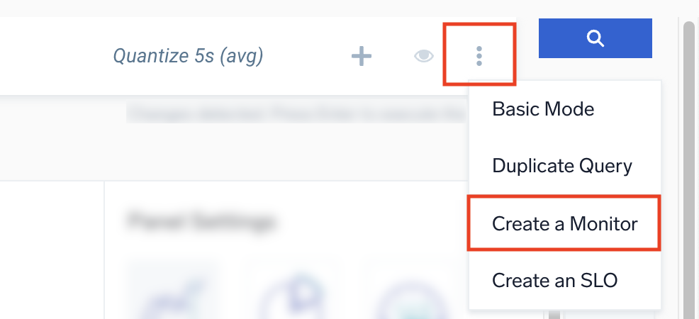 Screenshot of the Metrics Explorer in Sumo Logic, showing the dropdown menu accessed via the three vertical dots icon. The menu includes options for Basic Mode, Duplicate Query, Create a Monitor, and Create an SLO. The option 'Create a Monitor' is highlighted. Below the menu, the thresholds panel shows critical and warning thresholds set to 500000000 and 80, respectively, with the 'Fill remaining area as green' option toggled off.