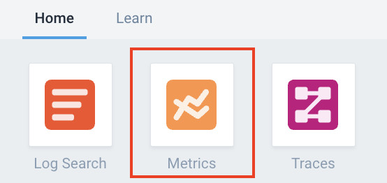 Screenshot of the Sumo Logic home page with rectangle around the Metrics icon