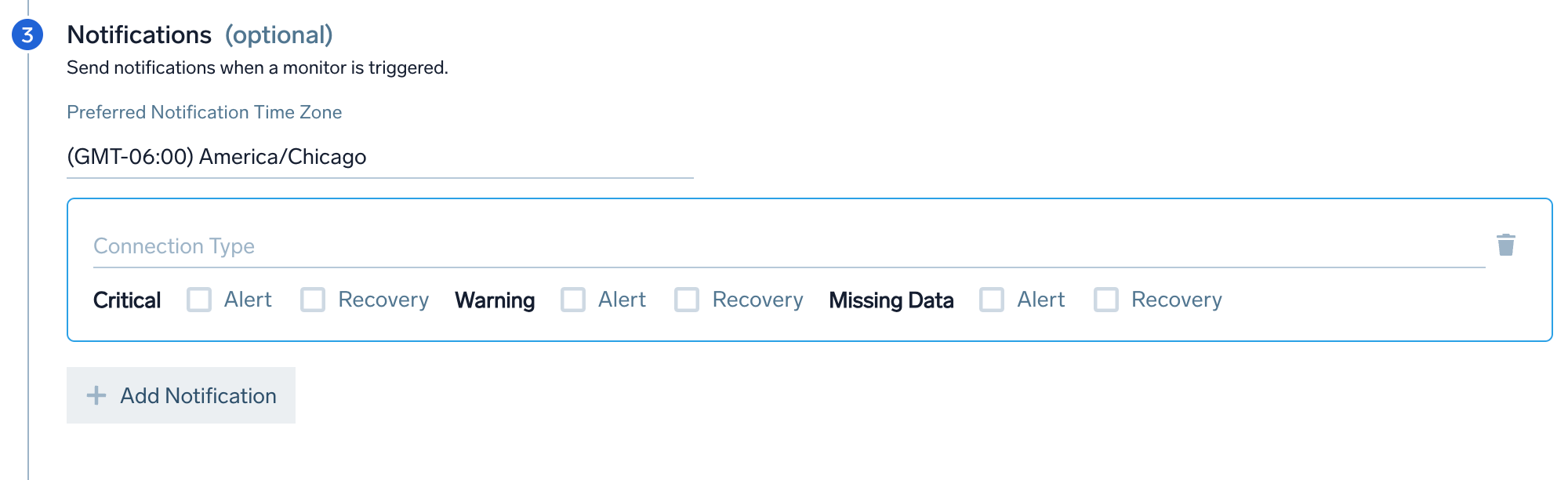 Screenshot of the Notifications section in Sumo Logic's 'New Monitor' setup page. It includes an option to select the preferred notification time zone, set to (GMT-06:00) America/Chicago. Below is a section to configure connection types for notifications, with options for Critical, Alert, Recovery, Warning, and Missing Data. There is also a button to add a new notification.