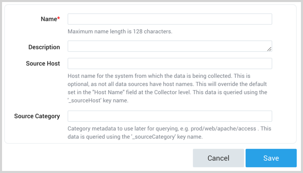 HTTP Traces source modal with Name, Description, Source Host, Source Category fields