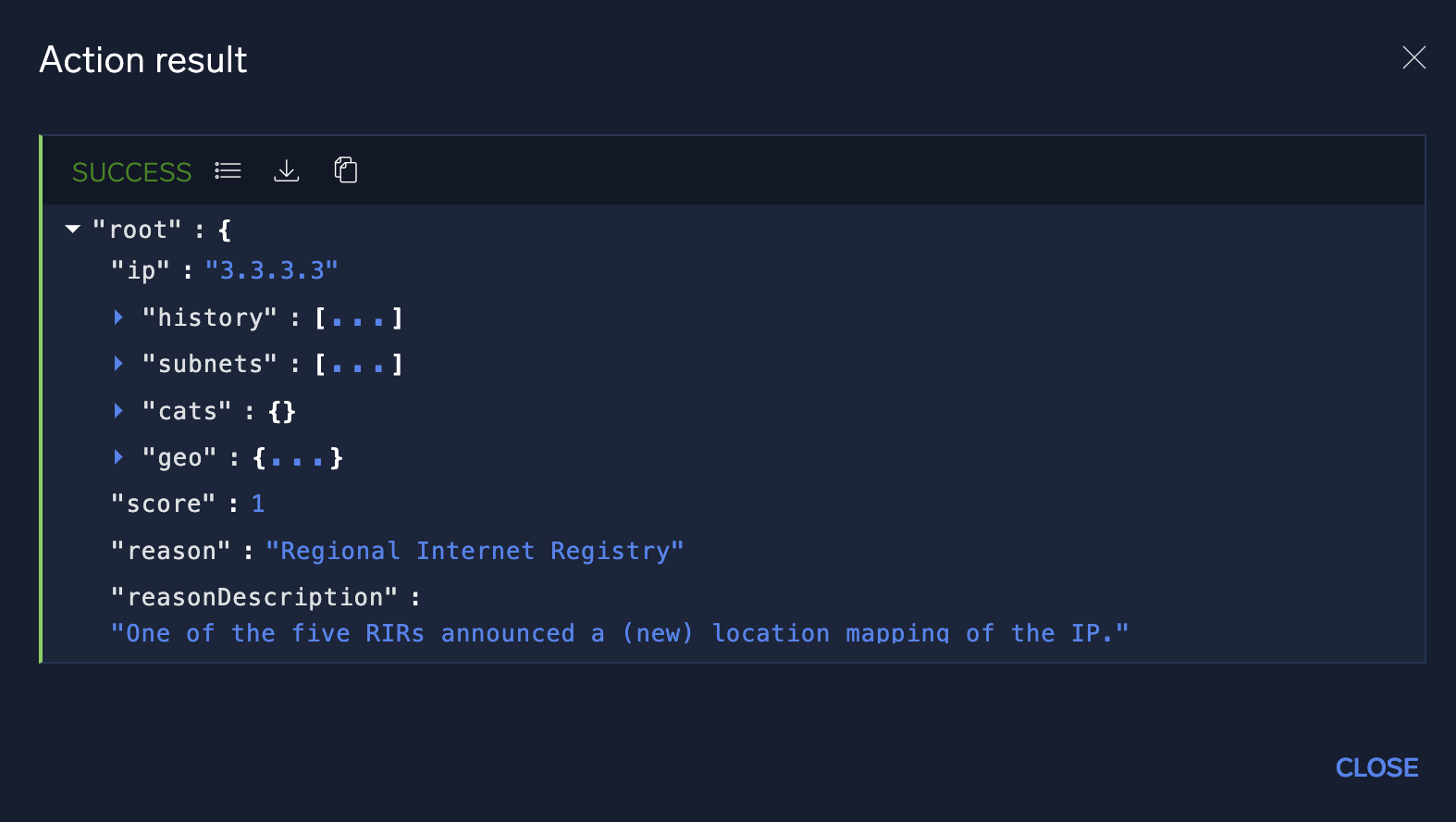 Action result JSON details