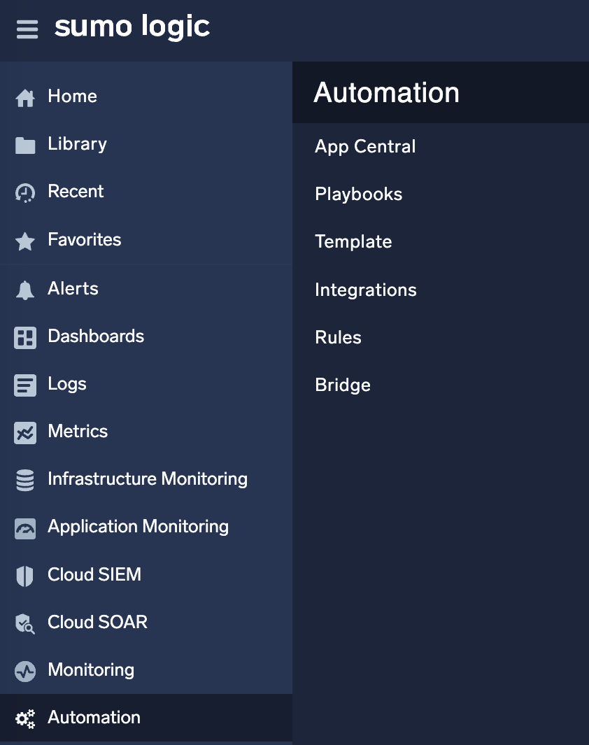 Cloud SOAR sidebar menu