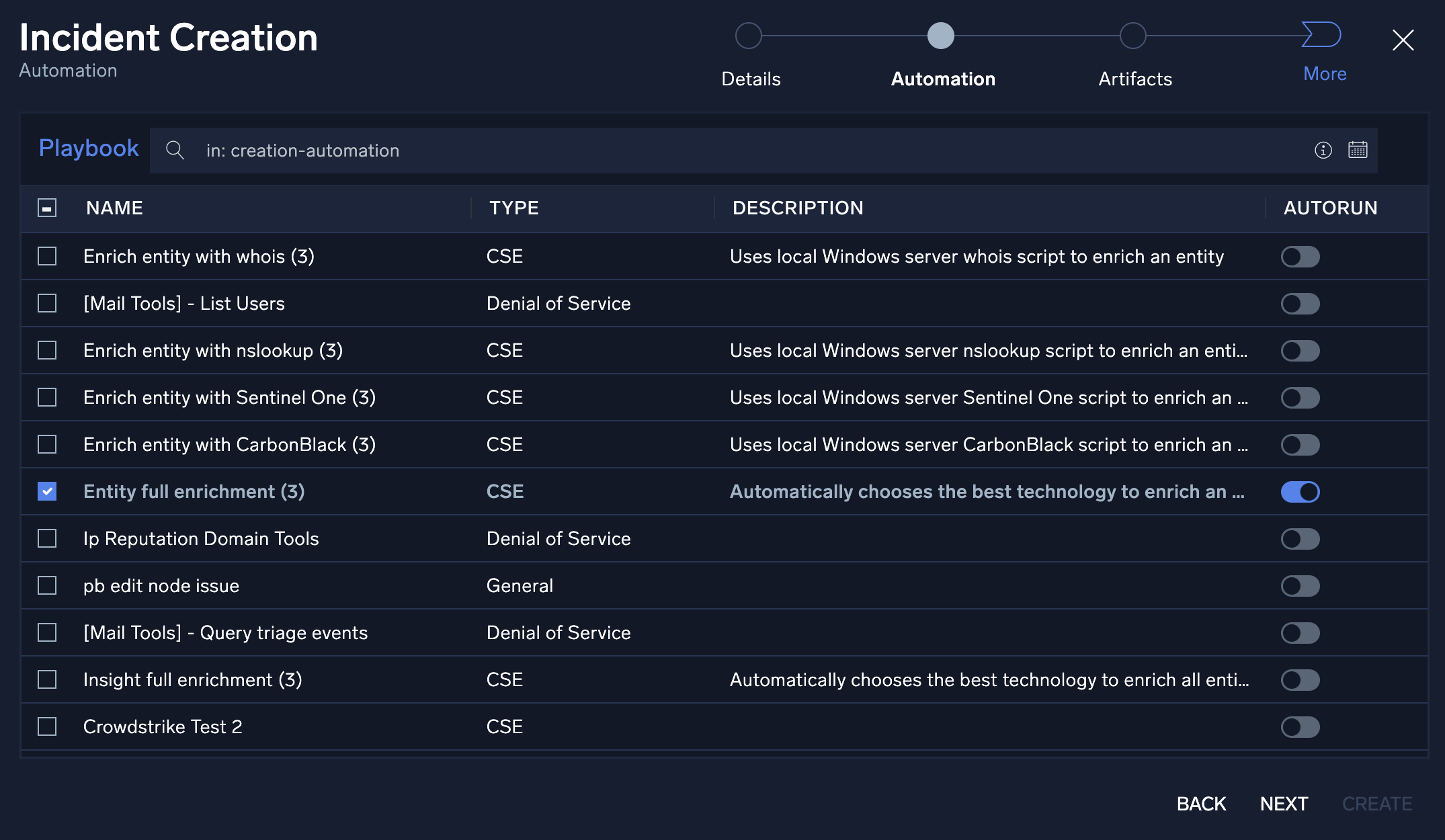 Incident Creation - Automation screen