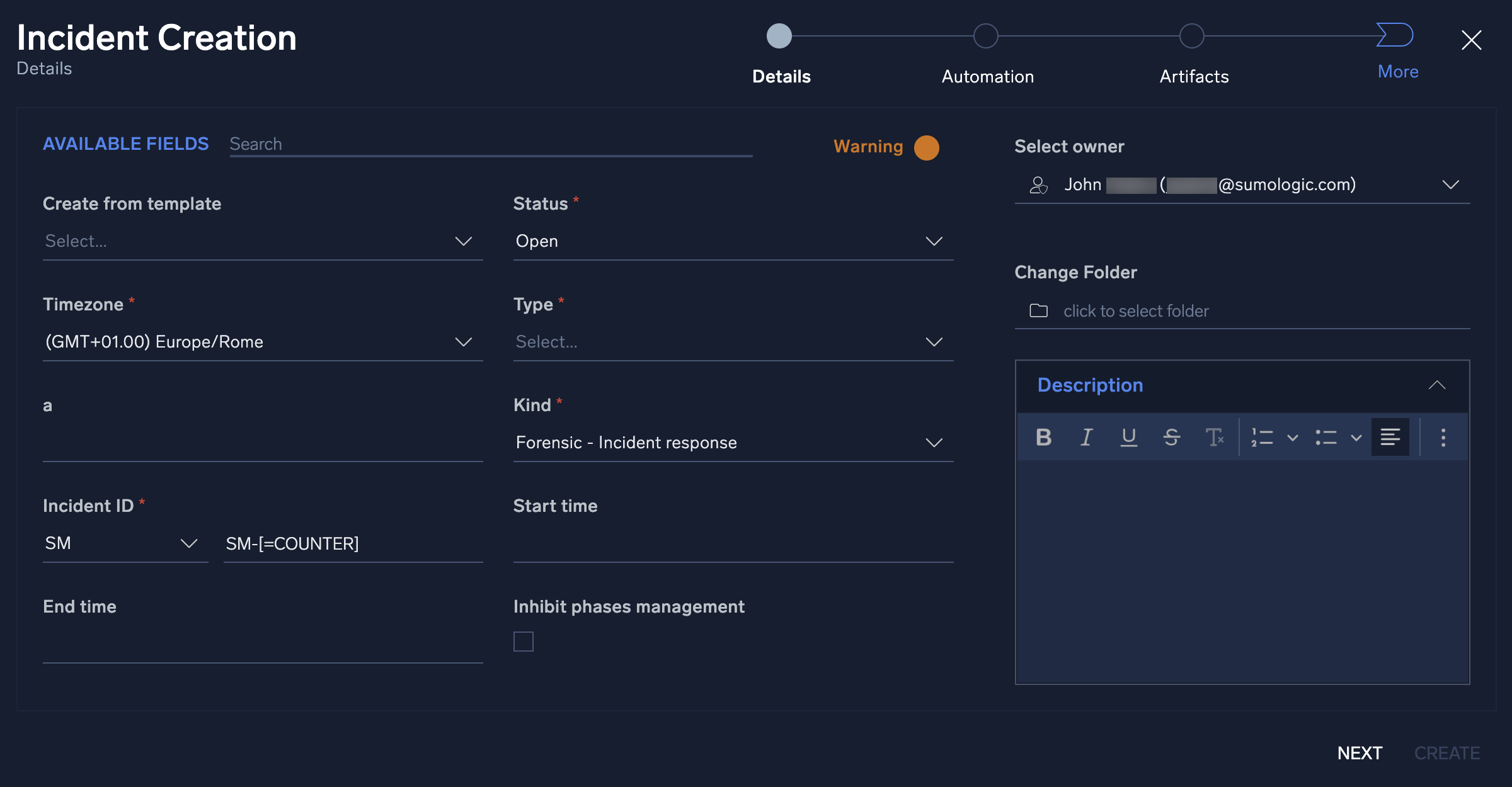 Incident Creation screen