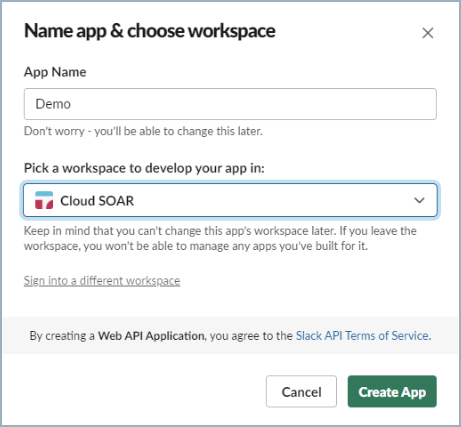 Choose name and workspace for Slack app