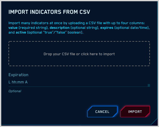 'Import Indicators from CSV' dialog