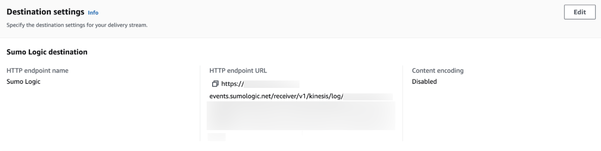 Sumo Logic destination settings in Firehose