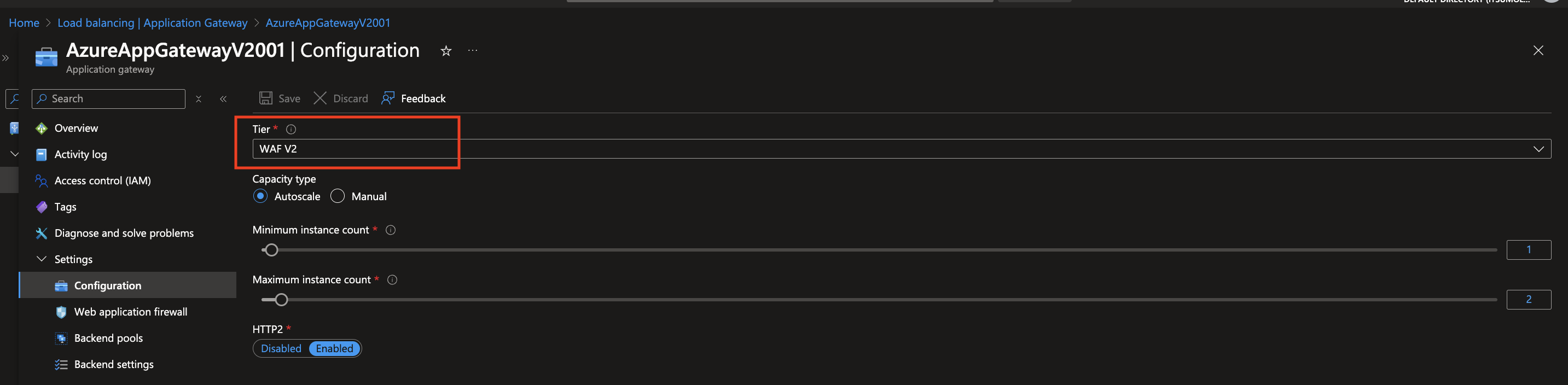 Application Gateway Tier Settings