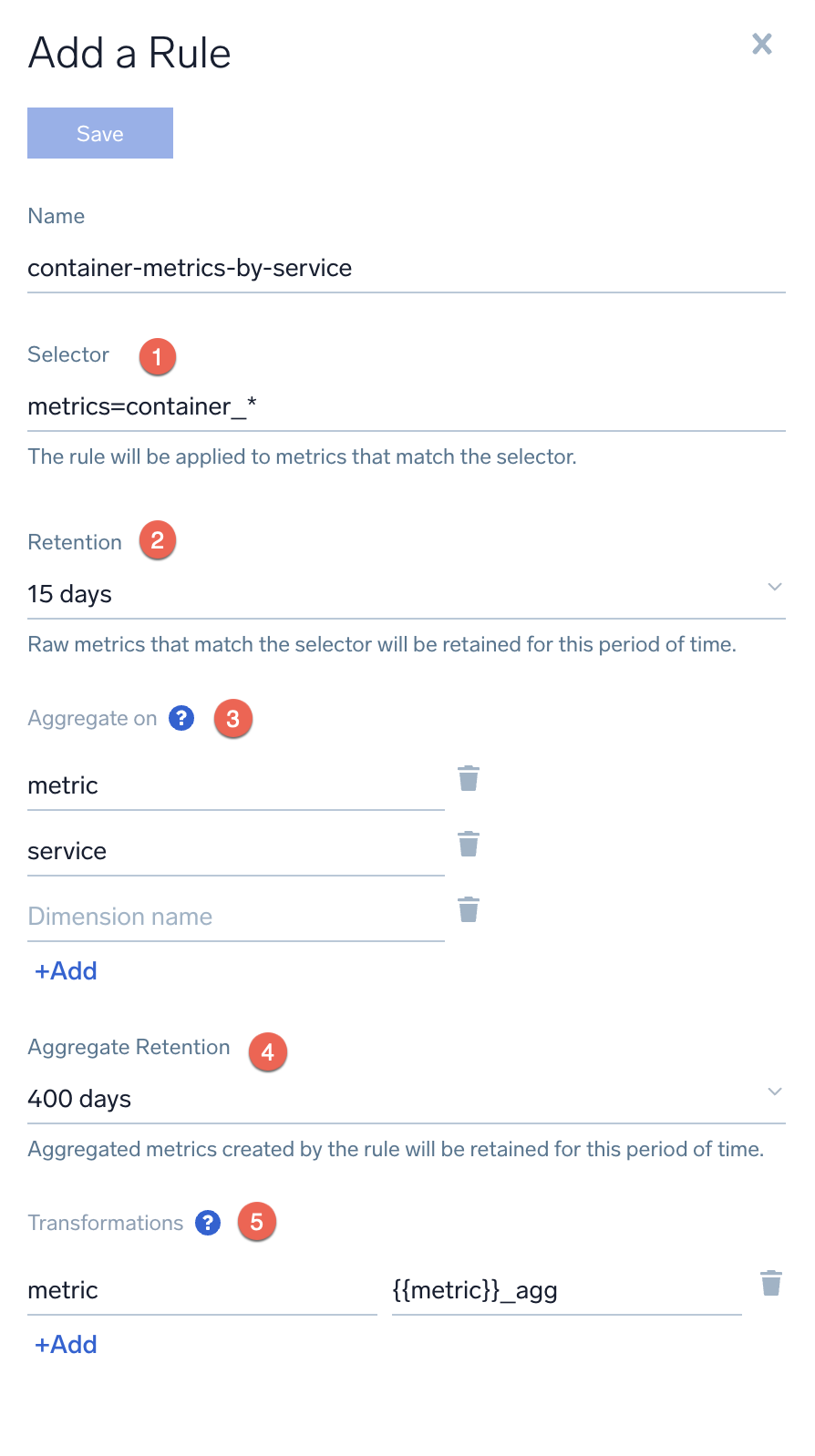 Add a metrics transformation rule with aggregation