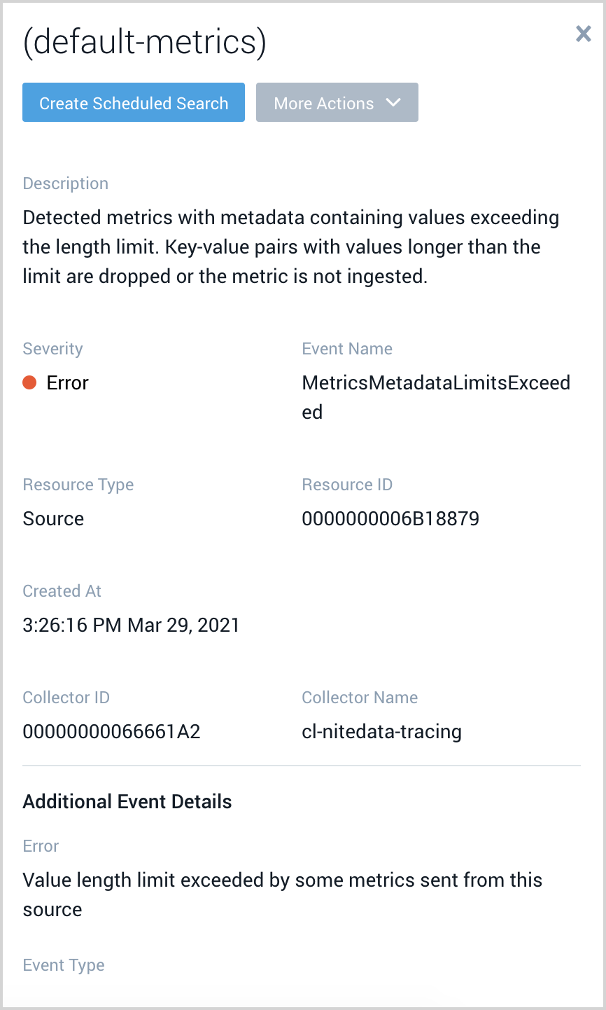 MetricsMetadataLimitsExceeded health event error