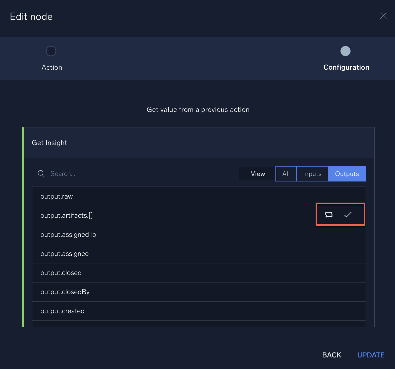 Get value from previous action outputs