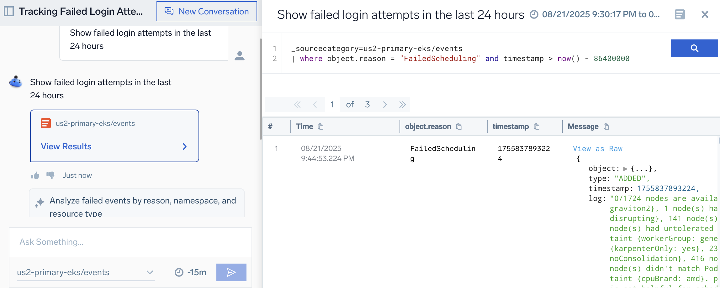 Mobot conversational experience showing initial query for failed login attempts in the last 24 hours