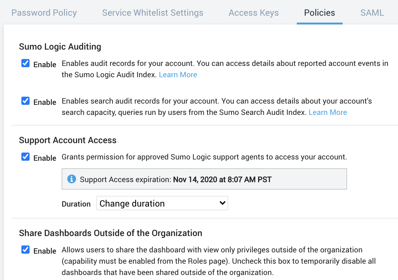 Enable Support Account Access on the Policies tab