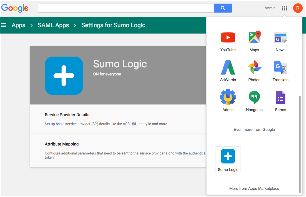 Sumo Logic app in the Google apps menu