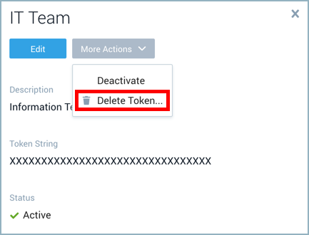 Delete Token selected on the More Actions menu