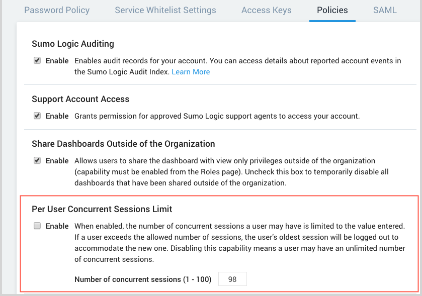 Per User Concurrent Sessions Limit section on the Policies tab