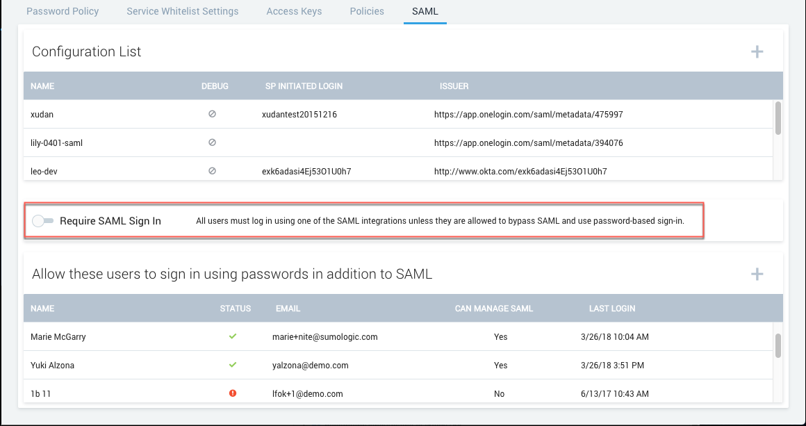 Require SAML Sign In toggle