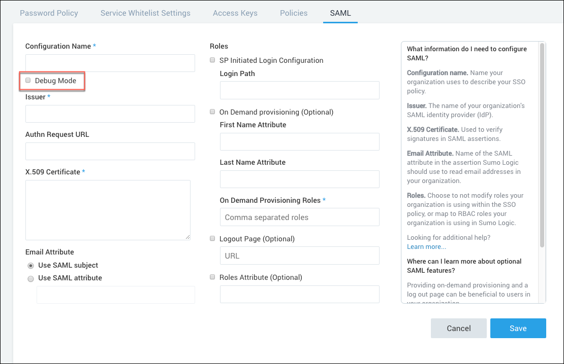 Debug Mode option selected on the SAML tab