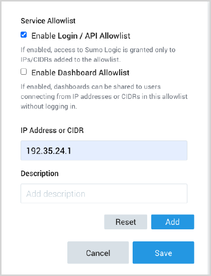 Enable Login / API Allowlist check box in Service Allowlist settings