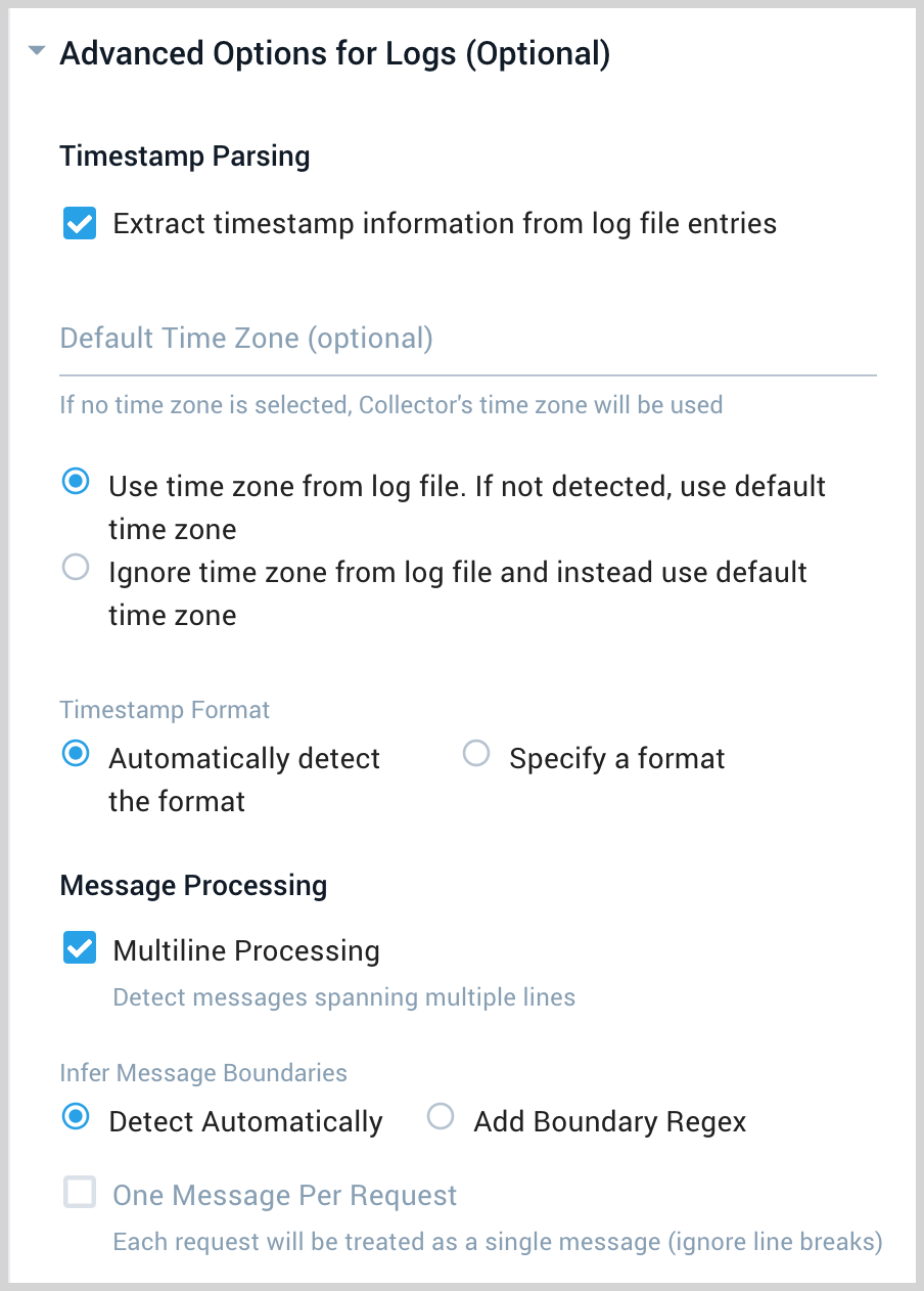 A screenshot of the 'Advanced Options for Logs' settings in Sumo Logic. The options include 'Extract timestamp information from log file entries' (checked), 'Default Time Zone' with options to 'Use time zone from log file. If not detected, use default time zone' (selected) and 'Ignore time zone from log file and instead use default time zone'. The 'Timestamp Format' settings offer 'Automatically detect the format' (selected) and 'Specify a format'. The 'Message Processing' section has 'Multiline Processing' checked. The 'Infer Message Boundaries' options include 'Detect Automatically' (selected) and 'Add Boundary Regex'. Finally, there is an unchecked option for 'One Message Per Request', which notes that each request will be treated as a single message, ignoring line breaks.