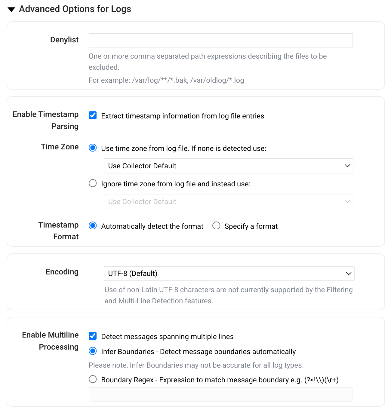 Advanced options for log