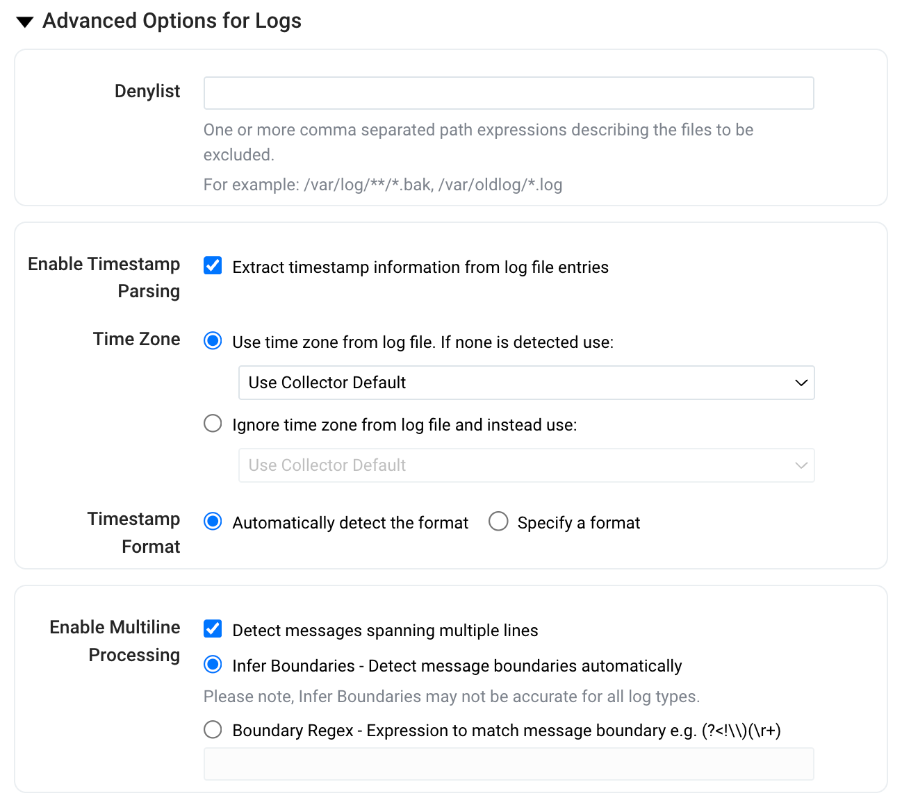 Advanced options for log