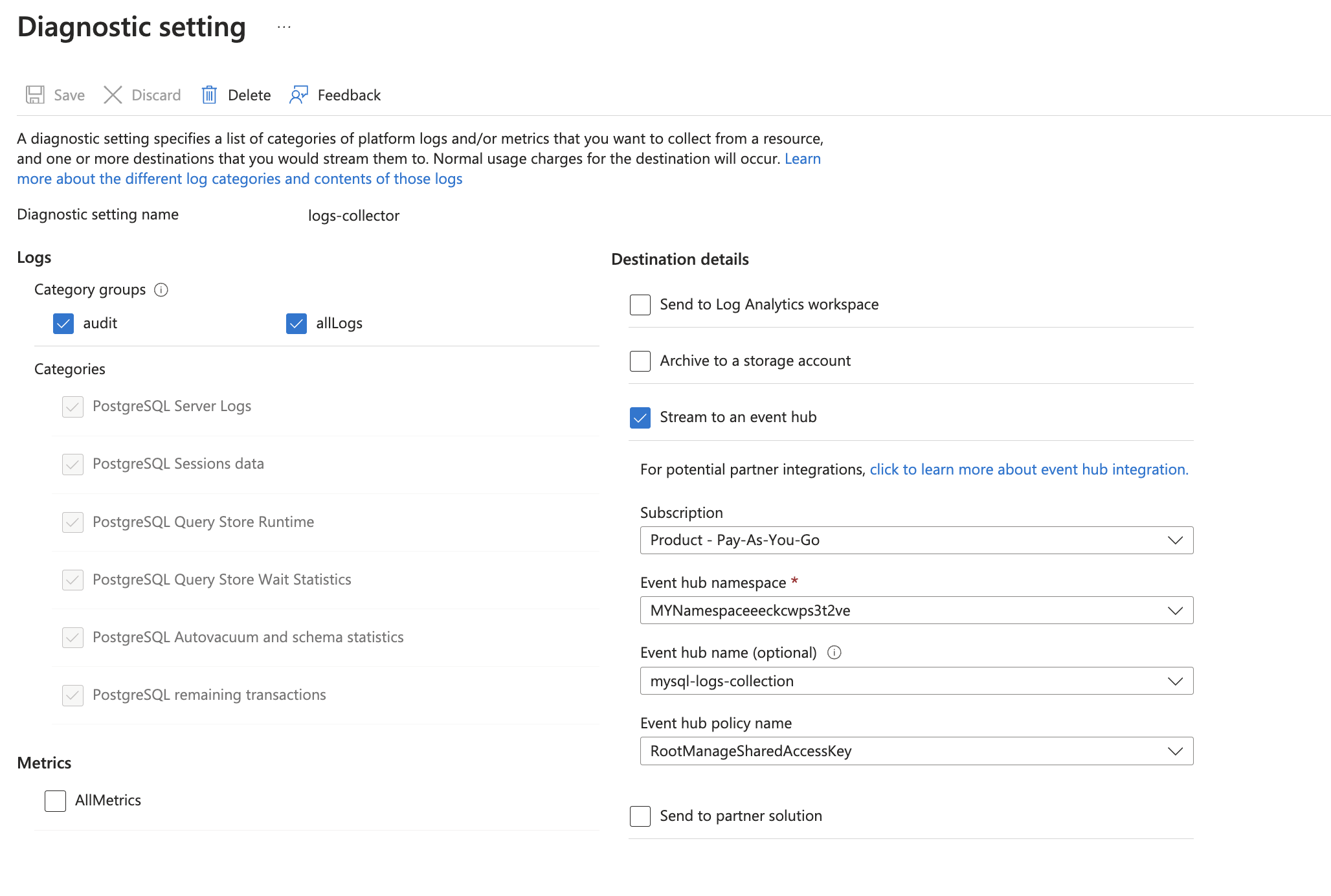 Azure flexible postgresql server logs