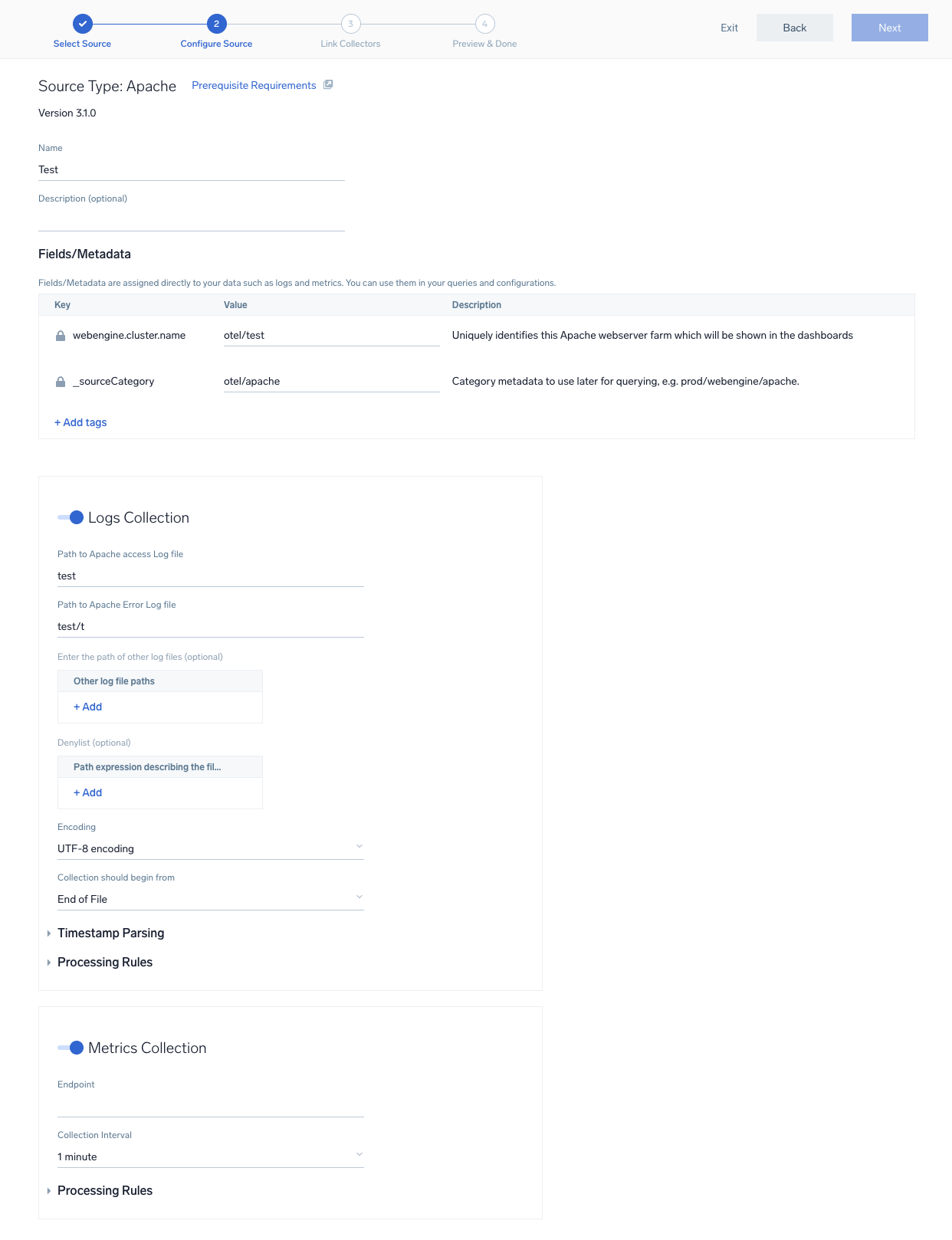 Screenshot of the file path configuration for Apache logs