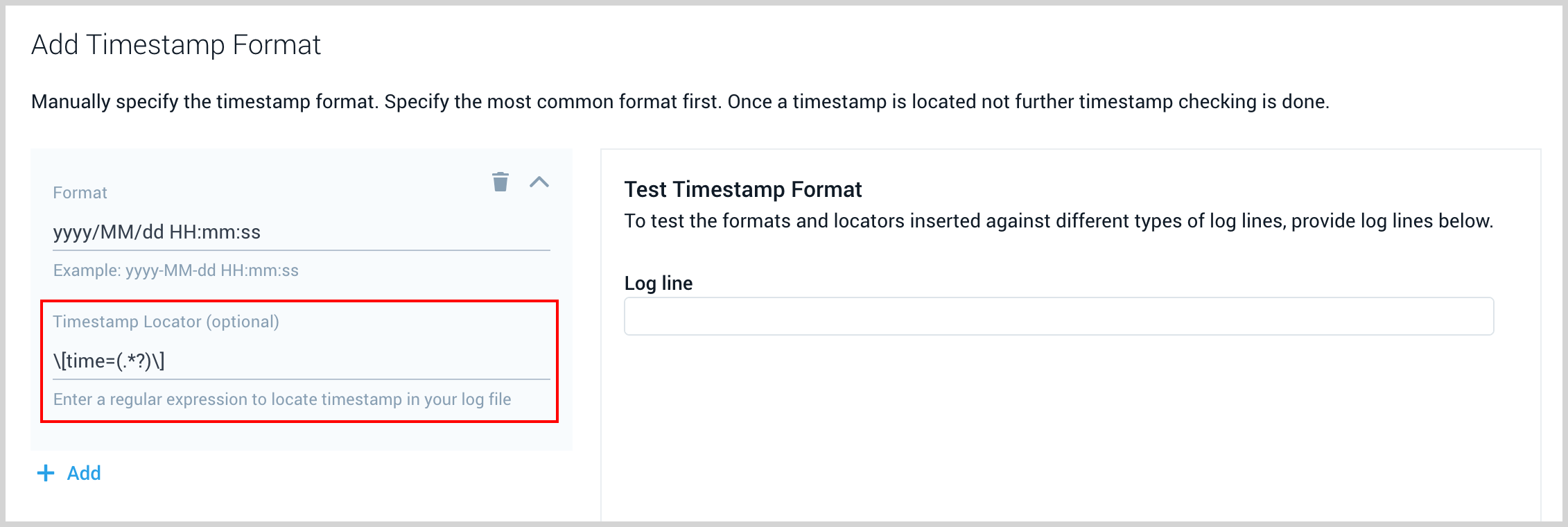 Screenshot highlighting the timestamp locator field, where users can specify a regular expression to locate timestamps in logs